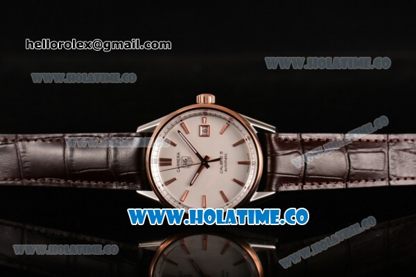 Tag Heuer Carrera Calibre 5 Automatic Swiss ETA 2824 Automatic Steel Case with White Dial Stick Markers and Rose Gold Bezel - Click Image to Close